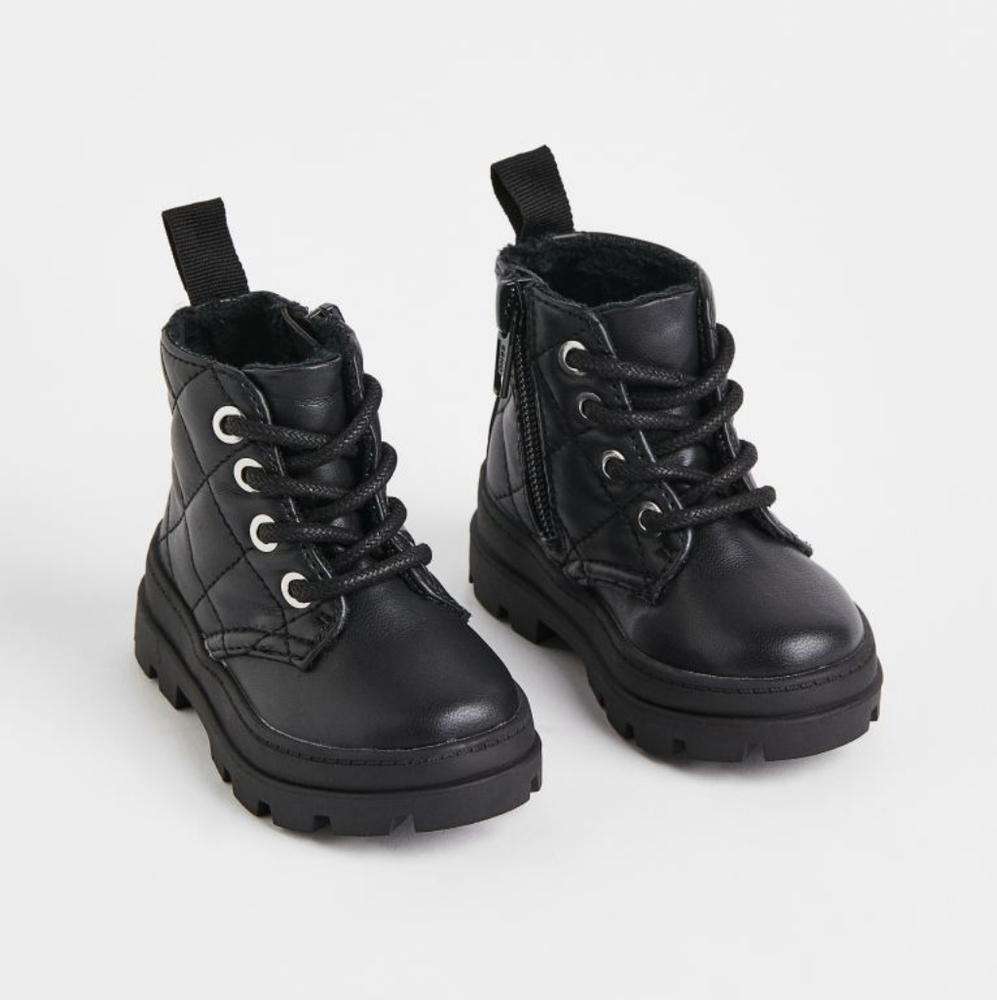 H&M Black Warm Faux-fur Lined Combat Boots, size 4, like new!